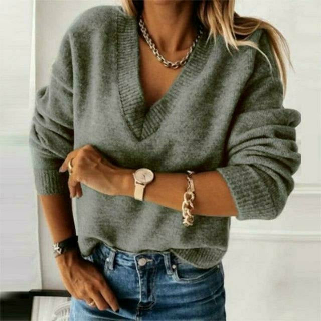 Street-wave Women V Neck Sweater Soft Cotton Polyester Blend Cozy Everyday Comfort