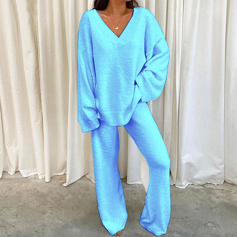 Street Wave Women Cozy V Neck Knit Jumpsuit With Wide Leg For All Day Comfort And Relaxed Style