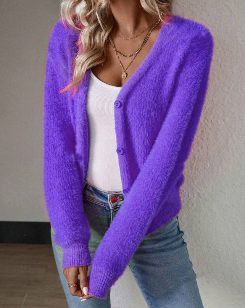 Street-wave Fluffy V Neck Cardigan With Button Detail For Women Cozy Soft Knit Everyday