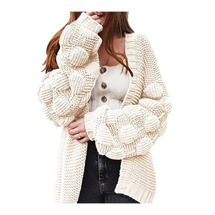 Street-wave Women's Chunky Knit Cardigan With Voluminous Sleeves For Cozy Everyday Style