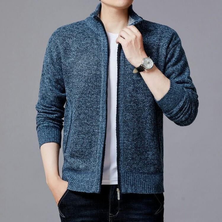 Streetwave Mens Knit Cardigan With Modern Zipper And High Collar For Stylish Transitional Wear