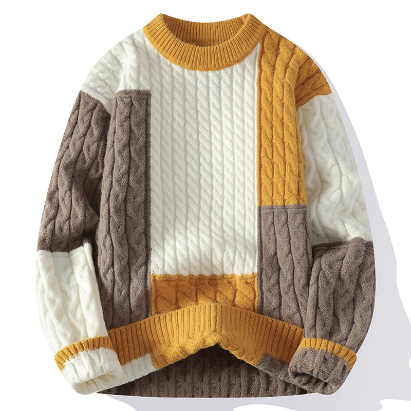 Street-wave Men Cable Knit Sweater Patchwork Color Block Warm Cozy Comfort Wear Edition