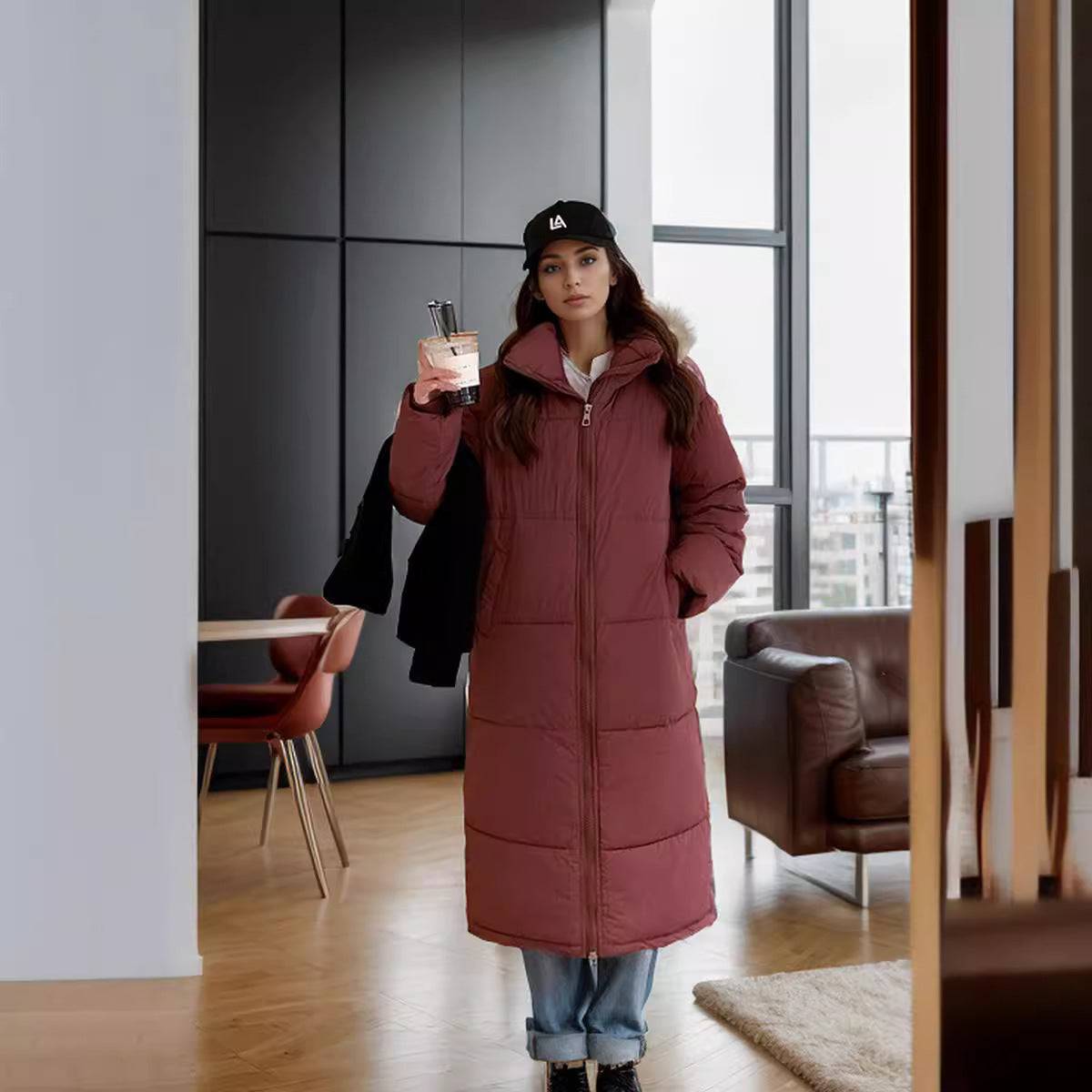 Street-Wave Women Long Down Coat With Hood Knee-Length Ultra Warm Insulated Puffer Jacket