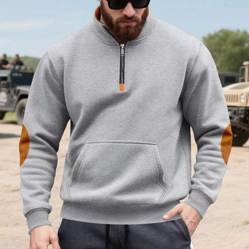 Street Wave Men's Hoodie With Stand Up Collar And Contrast Elbow Patch Details For Modern Comfort