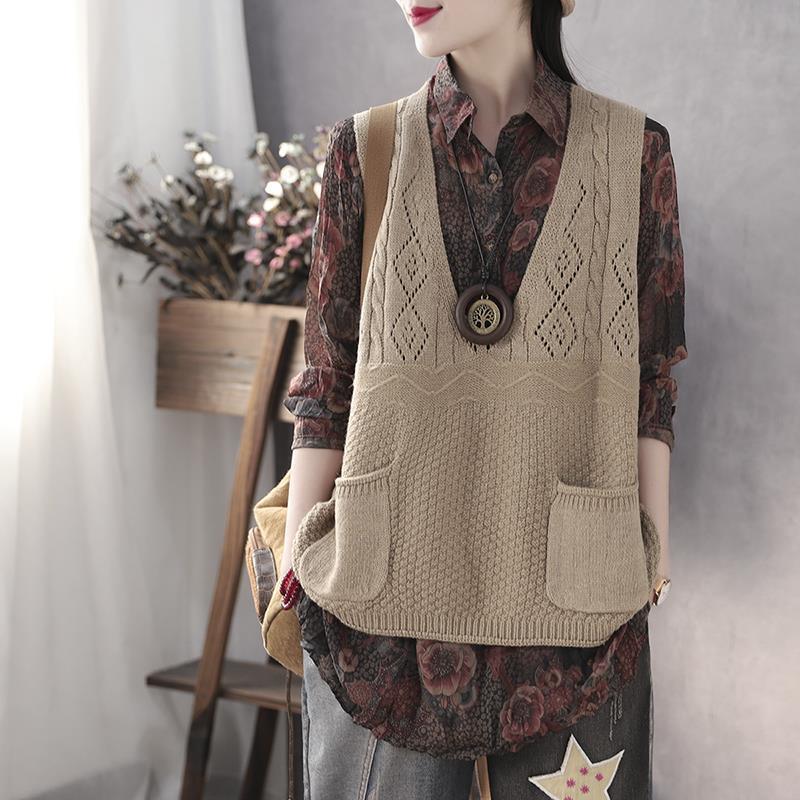 Street Wave Womens Knit Vest With Deep V Neck And Practical Pockets For Elegant Everyday Wear