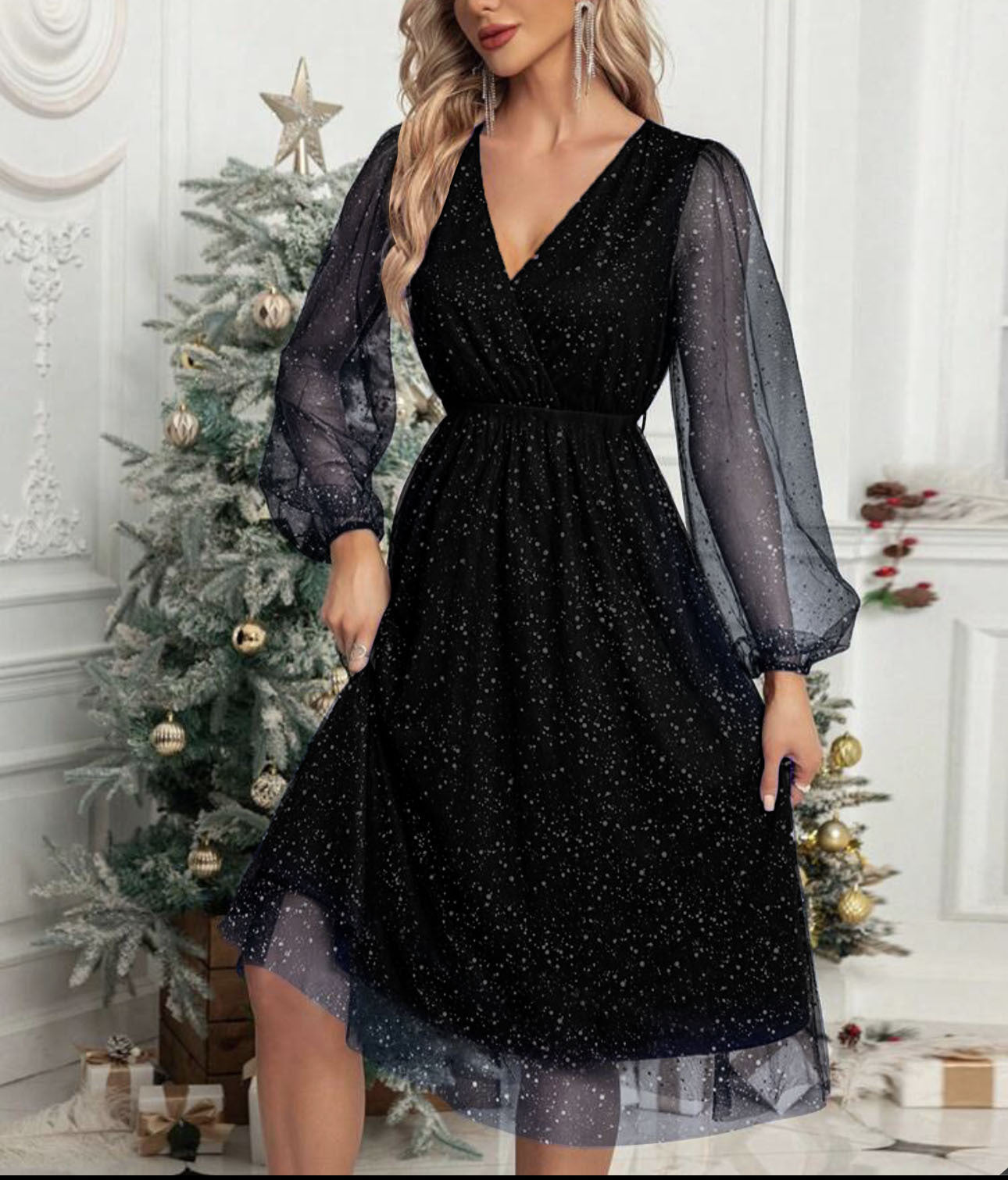 Street Wave Glamorous Women's Midi Dress With Sheer Puff Sleeves And Sparkling Sequin Pattern