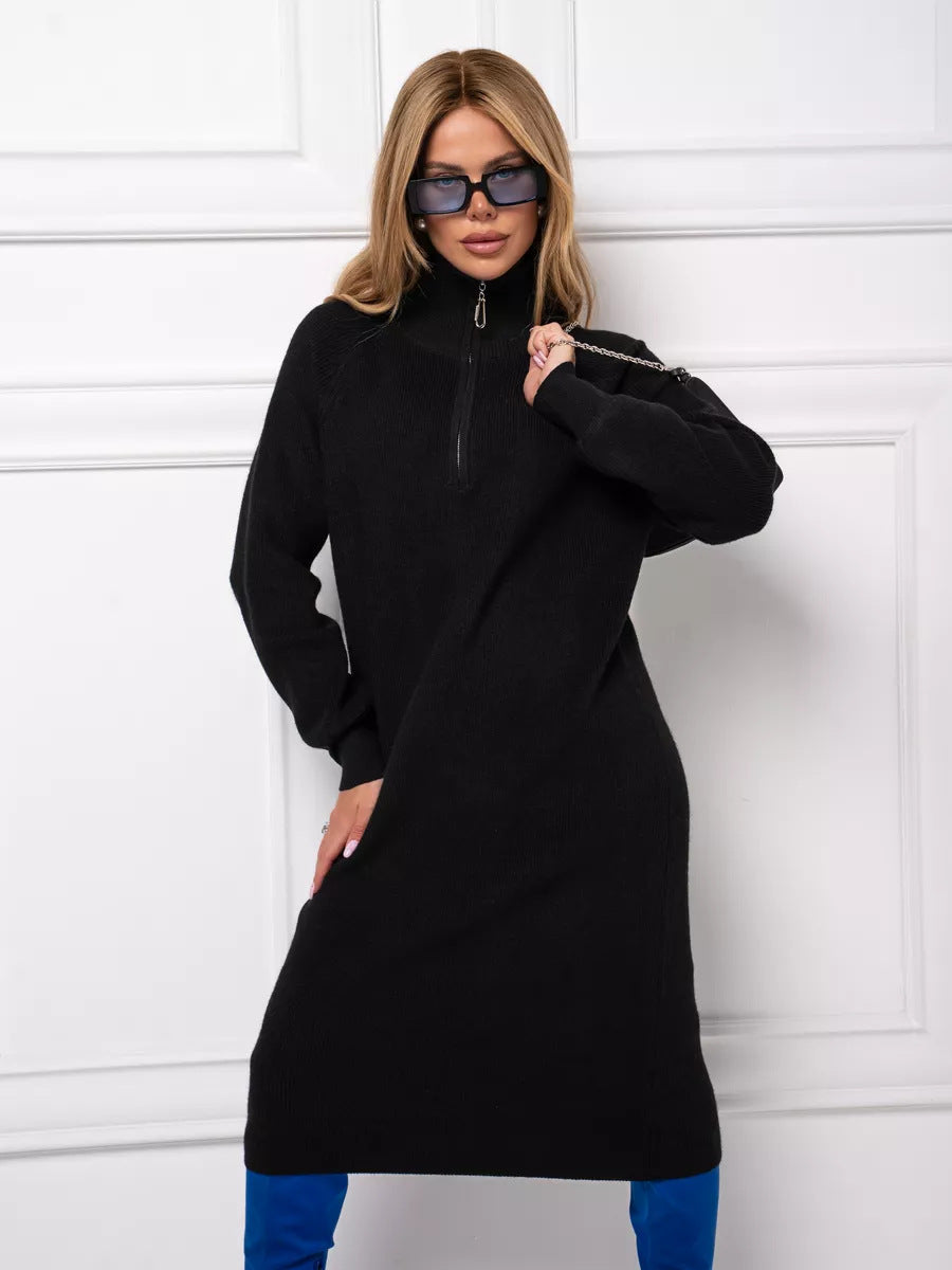 Street Wave Womens Knit Dress With Stand Collar And Full Zip Cozy Winter Essential