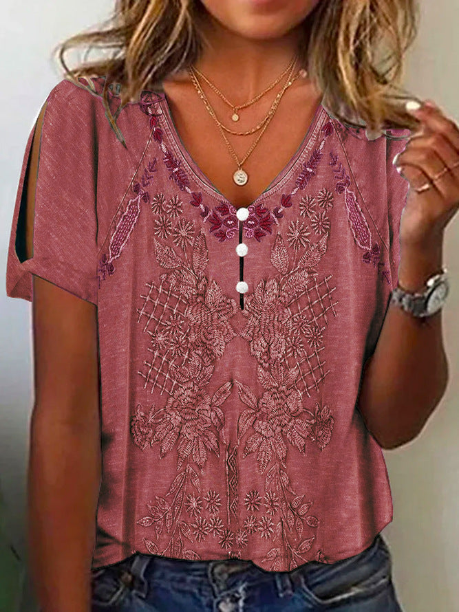 Streetwave Women's Short Sleeve Blouse Featuring Floral Embroidery And Button Details