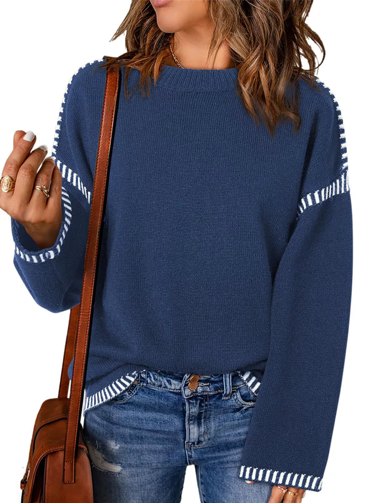 Street-Wave Loose Fit Cable Knit Crewneck Sweater Long Sleeve With Stripe Trim For Women