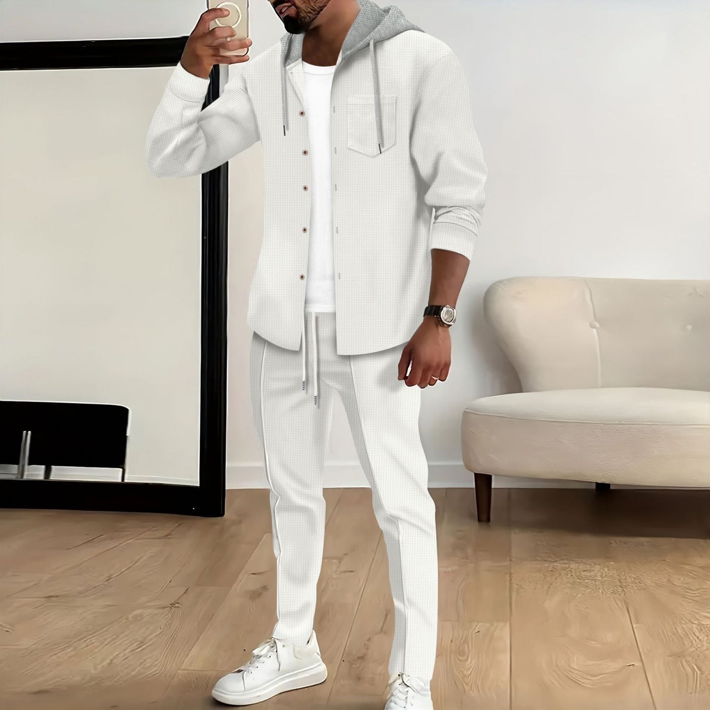 Street-Wave Men's Casual Tracksuit With Button-Front Top And Hooded Jacket For Everyday Leisure