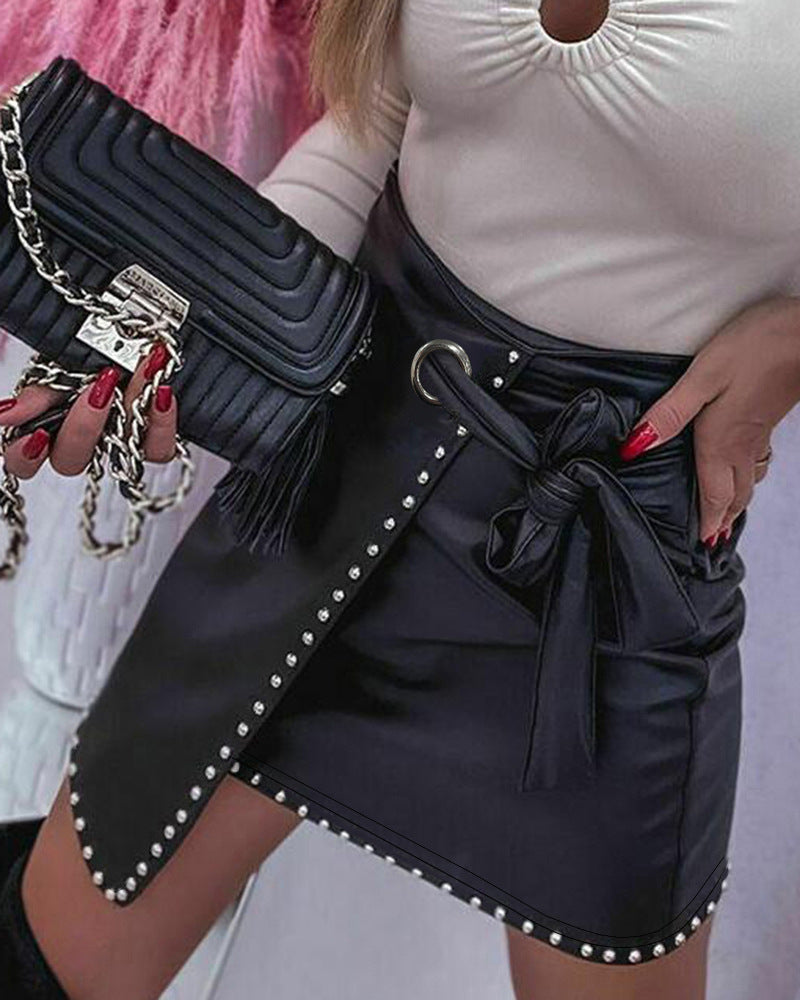 Street-wave PU Leather Mini Skirt With Decorative Beads And Bow Tie Belt For Fashionable Women