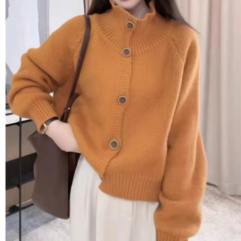Street-wave Women's Cozy Cardigan With High Collar And Decorative Buttons Soft Knit Warmth For Fall