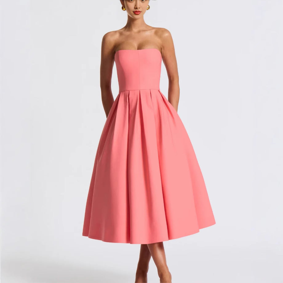 Street-wave Elegant Bandeau Midi Dress With Flared Skirt For Women Ideal For Evening Events