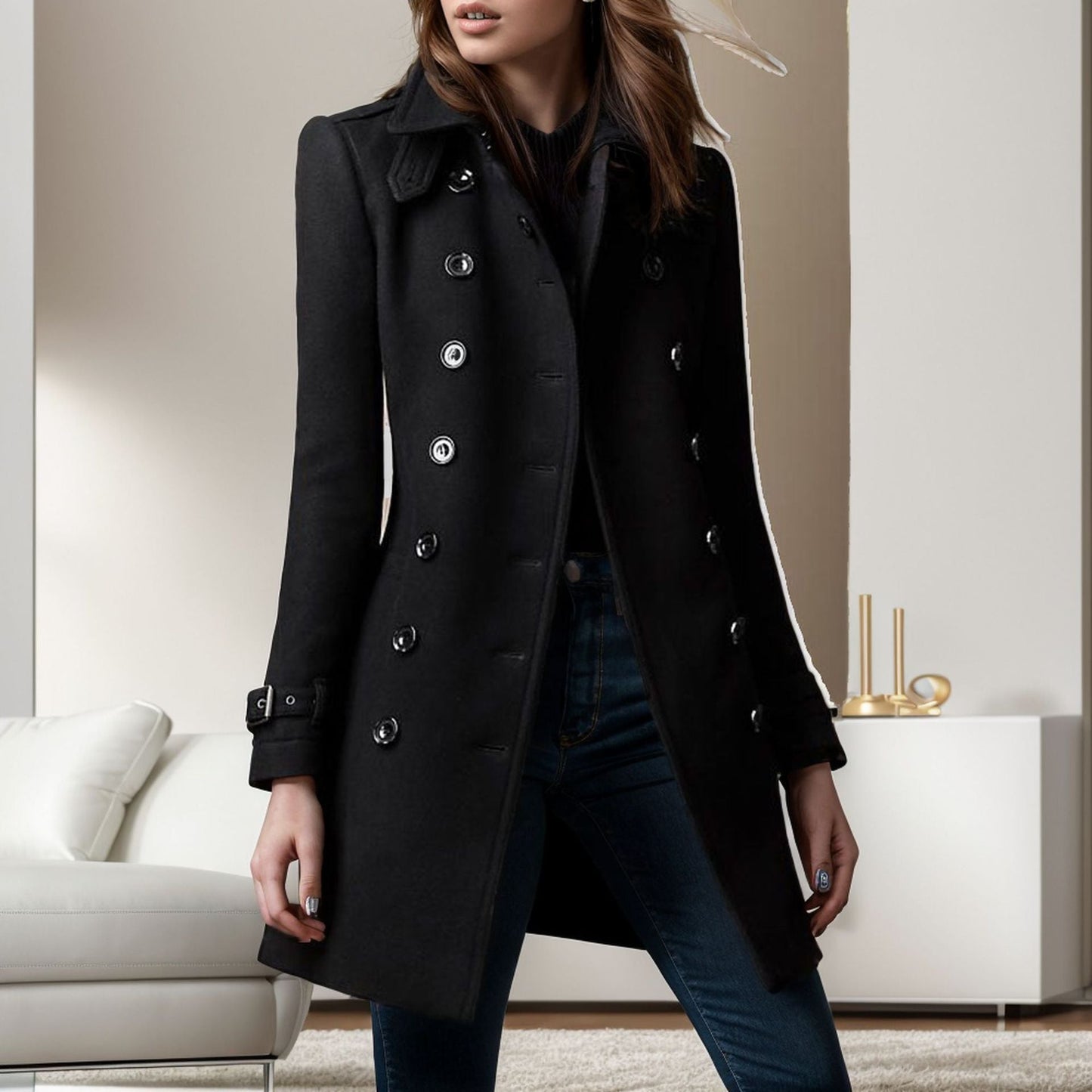 Streetwave Womens Trench Coat With Double Button Front And Weighted Collar For Timeless Elegance