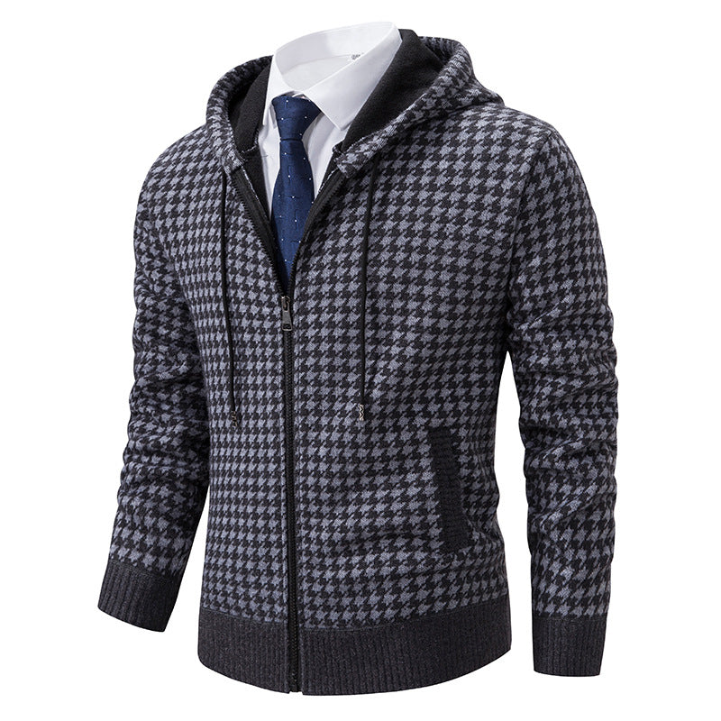 Street-wave Men's Hooded Knit Pullover With Classic Houndstooth Pattern Cozy Warmth