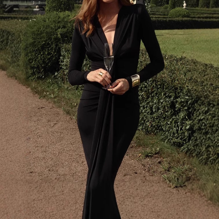 Street Wave Women Elegant Long Sleeve Knot Detail Maxi Dress For Flattering Evening Events