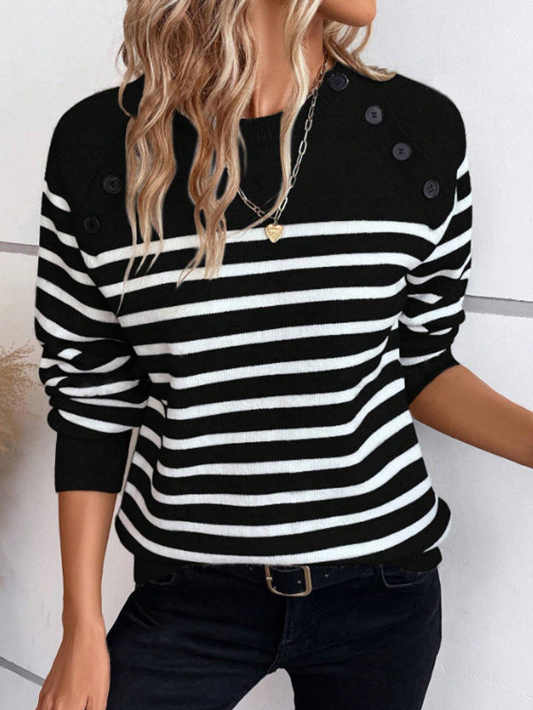 Street-Wave Women's Striped Pullover With Decorative Shoulder Buttons And Crew Neck