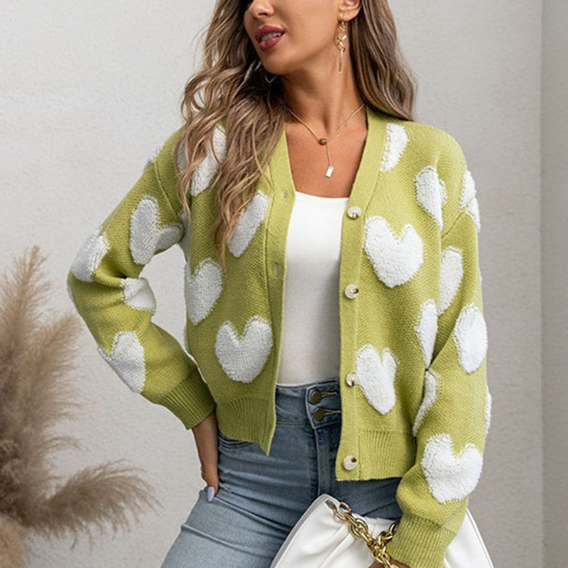 Street-wave Heart Design Cardigan For Women Cozy Knit With White Heart Pattern And Cozy Fit