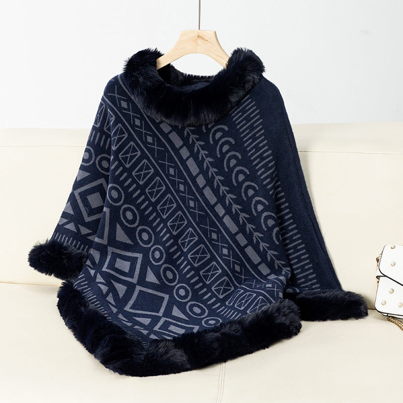 Poncho By Streetwave Womens Cozy Geometric Knit With Luxurious Faux Fur Collar Warmth