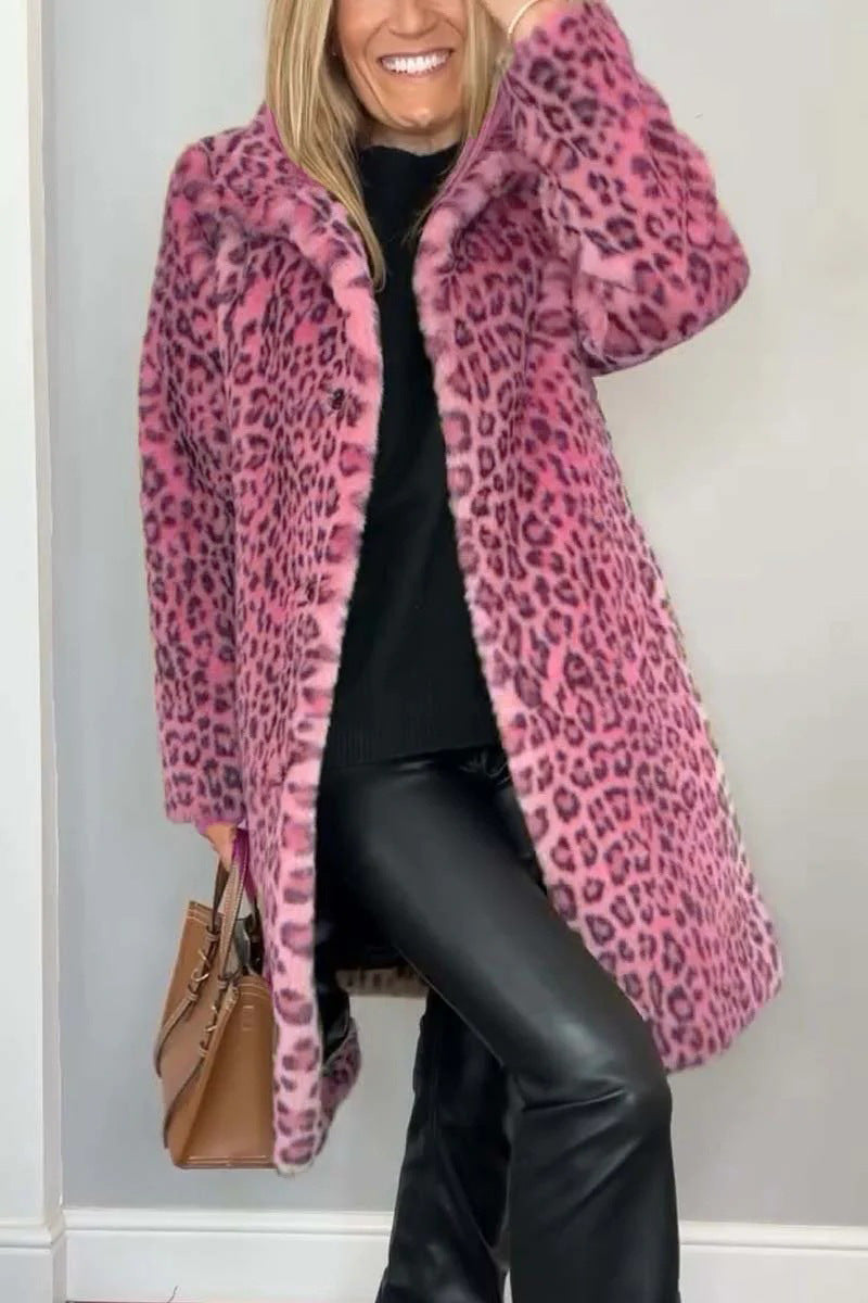 Street Wave Leopard Print Faux Fur Coat For Women Oversized Fit Lapel Collar Luxurious Style
