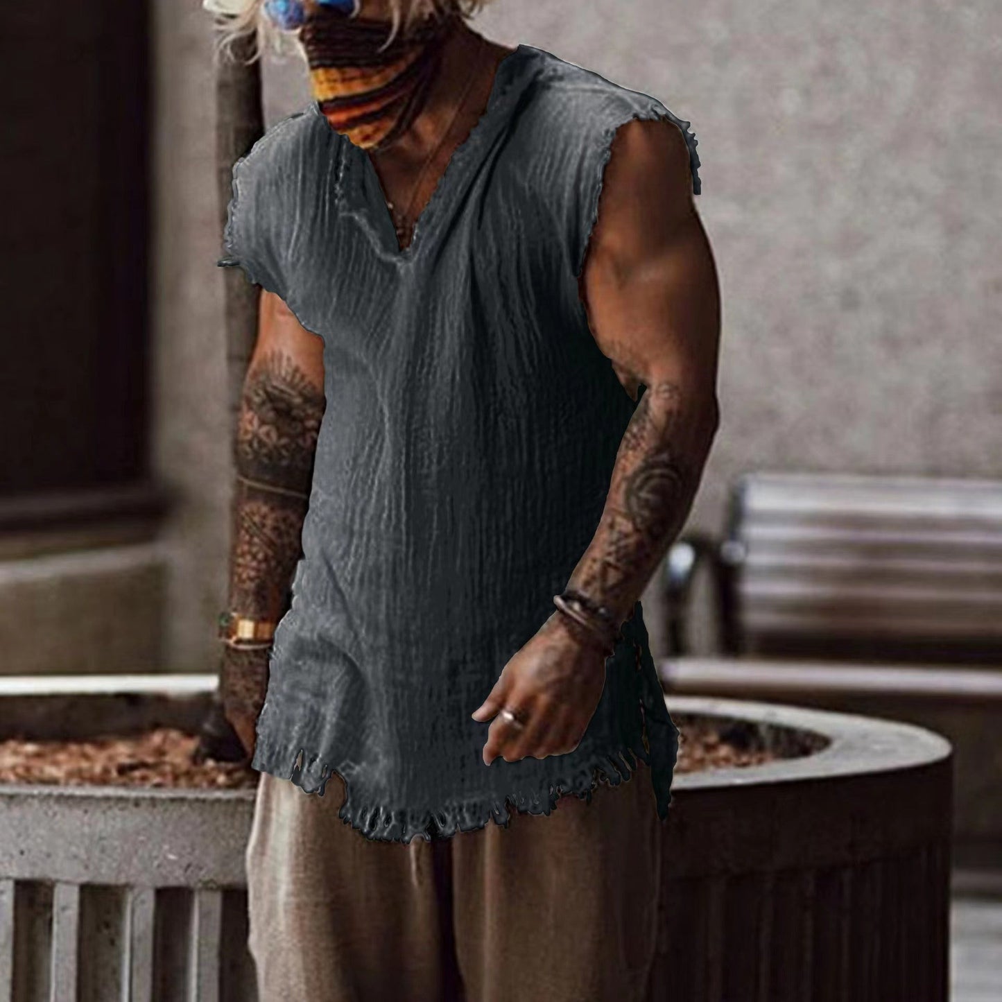 Men's V-Neck Shirt With Frayed Hem Street-Wave Casual Everyday Fashion For Men Ultra Comfortable