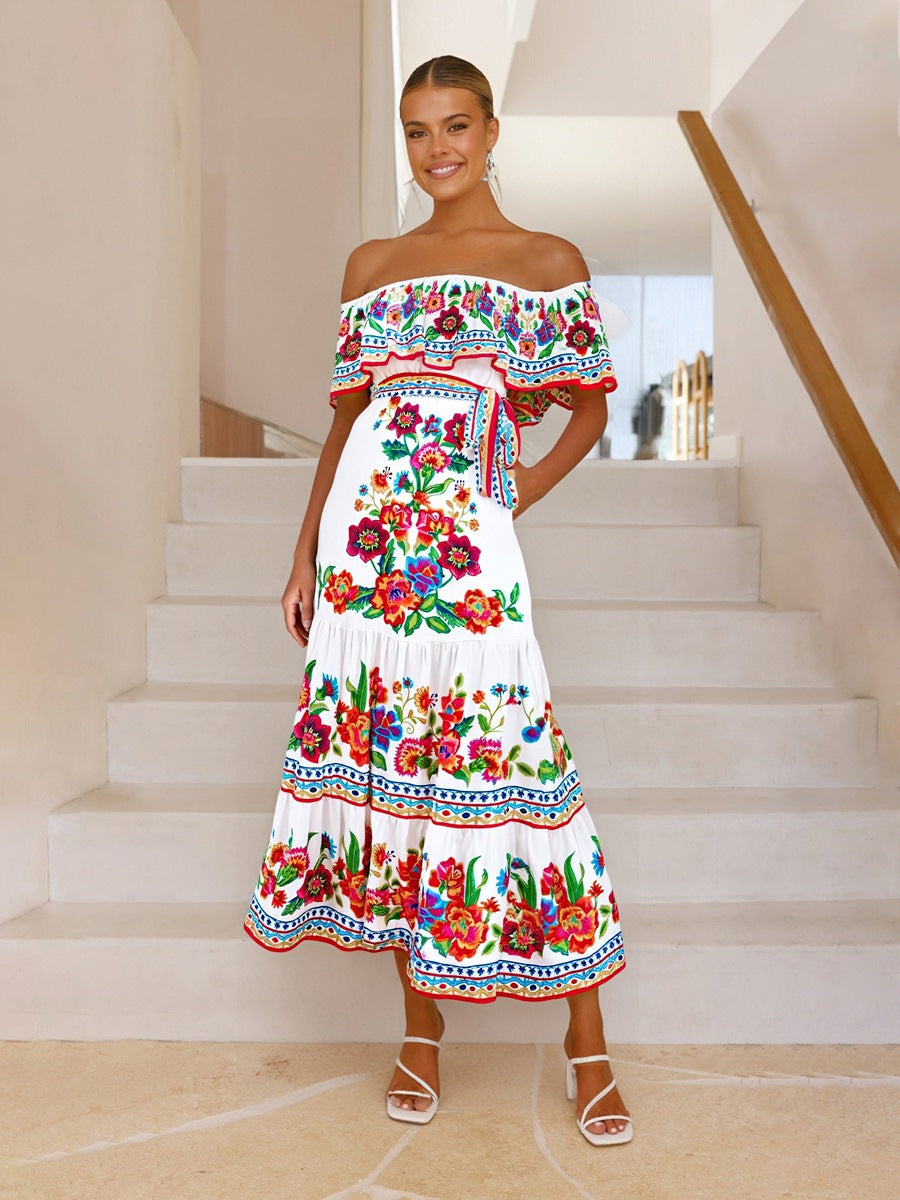 Street-Wave Floral Off Shoulder Maxi Dress With Ruched Bodice For Women