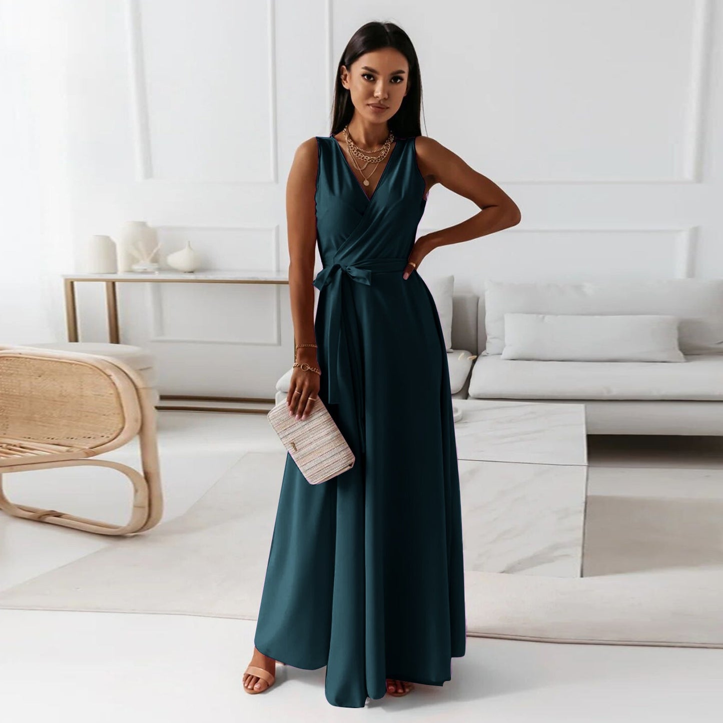 Street-Wave Elegant Wrap Dress For Women With Waist Tie Floor-Length Evening Gown For Weddings