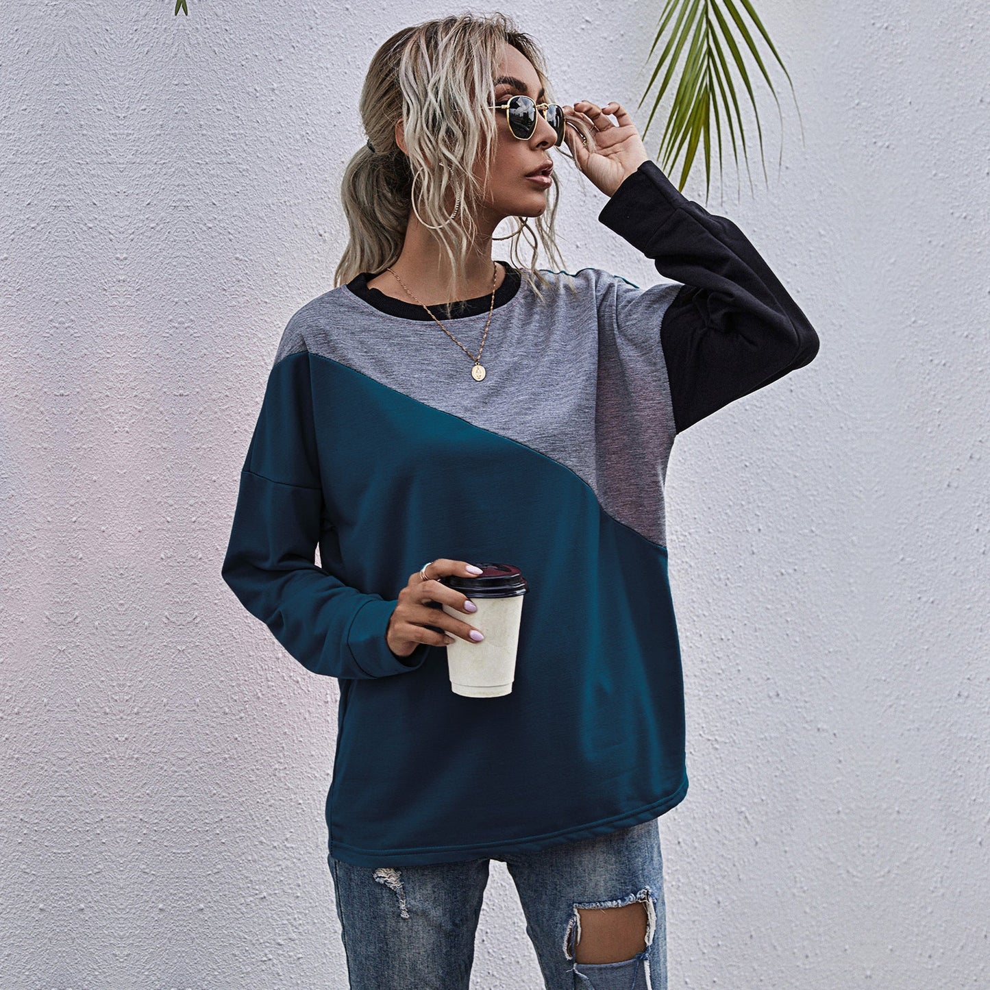 Street-Wave Womens Color Block Sweatshirt Pink Gray Black For All Day Comfort Casual Everyday Style