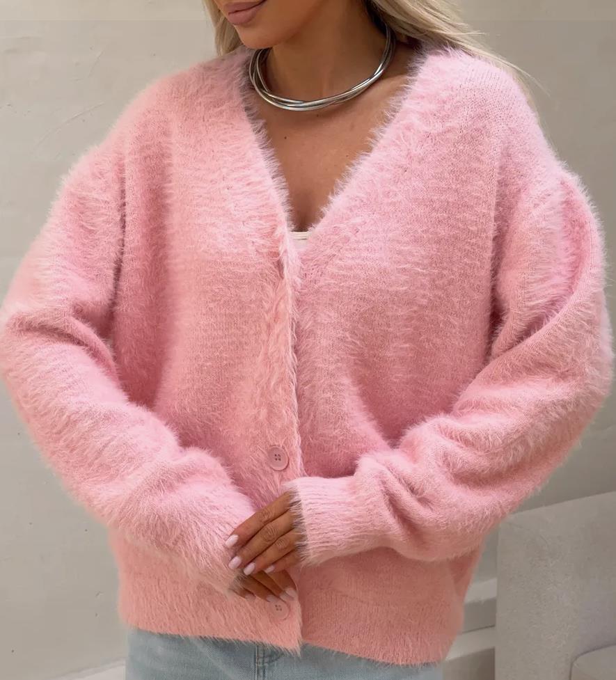 Cozy Cardigan for Women Street Wave Plush Knit with Modern Button Details and Relaxed Fit