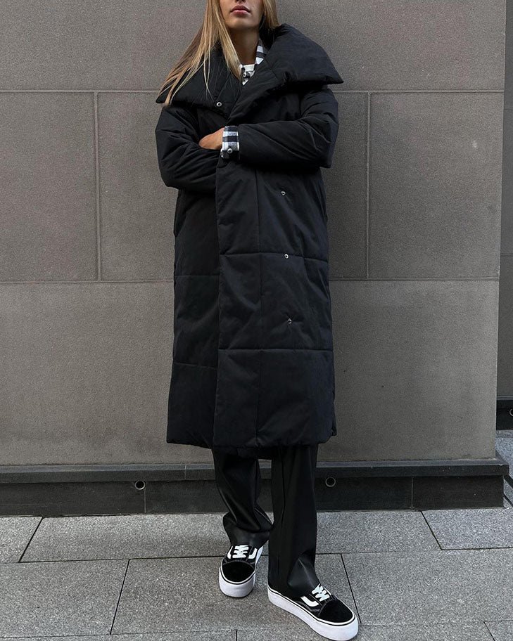 Street-Wave Long Cotton Coat With Large Lapel Belted Waist And Quilted Warmth For Women