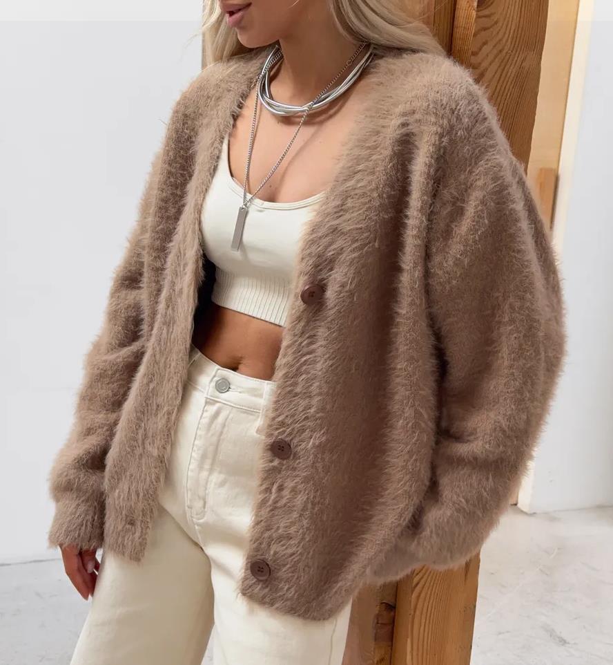 Cozy Cardigan for Women Street Wave Plush Knit with Modern Button Details and Relaxed Fit