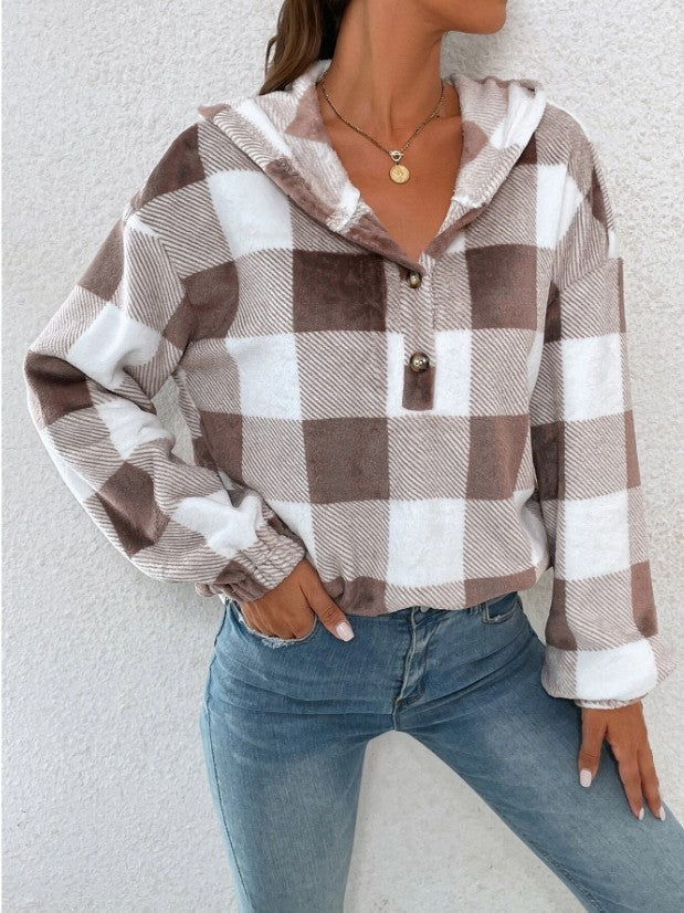 Street-Wave Women's Plaid Hoodie Blouse Cozy Relaxed Fit Casual Top For Everyday Style