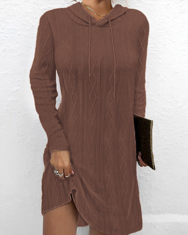 Street-wave Hooded Knit Sweater Dress for Women with Intricate Knit Details, Cozy Everyday Wear