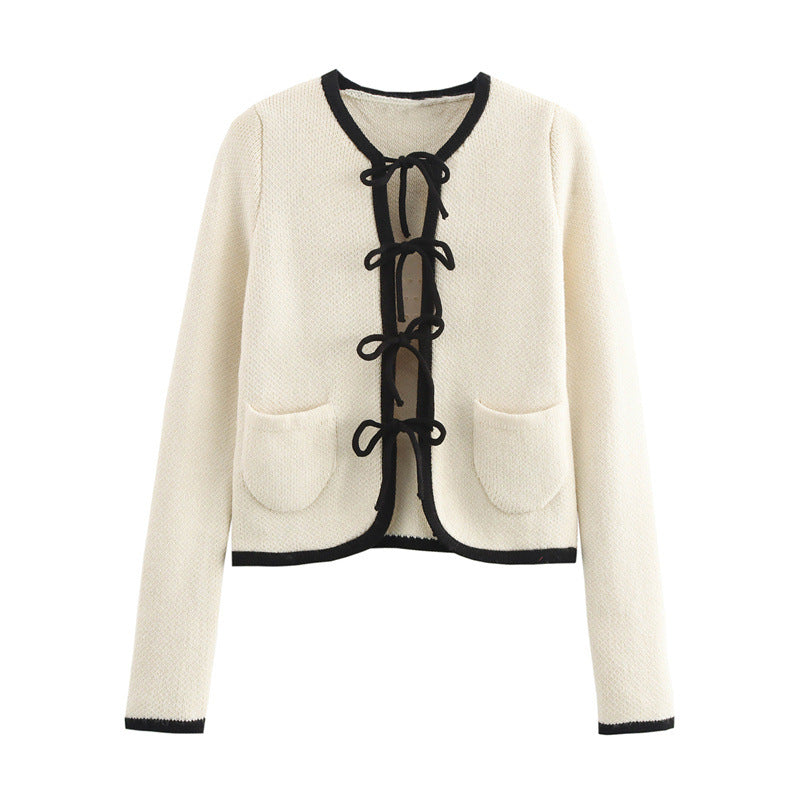Streetwave Elegant Knit Cardigan For Women With Ribbon Ties Pockets And Chic Comfort