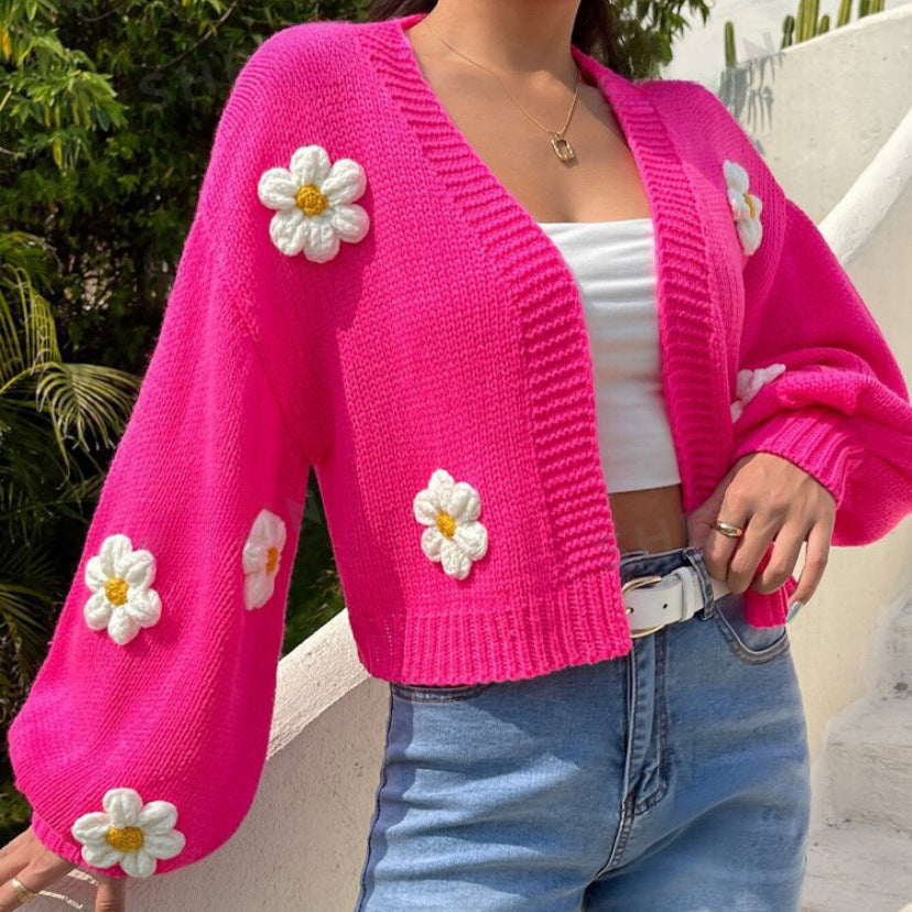 Street Wave Floral Knit Cardigan For Women With Loose Fit And Embroidered Flower Appliques For Everyday Chic