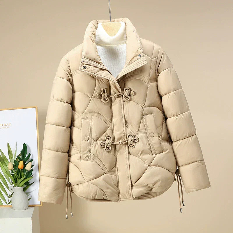 Street-wave Puffer Jacket Short Model Geometric Quilting With Frog Closures Adjustable Hem For Women