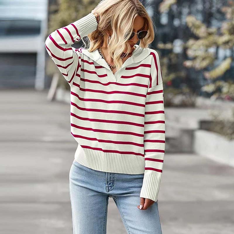Streetwave Striped Knit Sweater for Women Cozy Cotton Acrylic Blend Long Sleeve Classic Collar