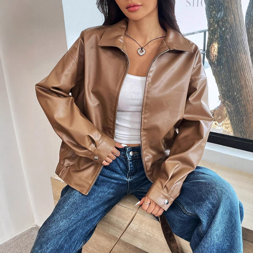 Street-wave Women's Trendy Faux Leather Jacket With Modern Fit And Casual Zip For Women