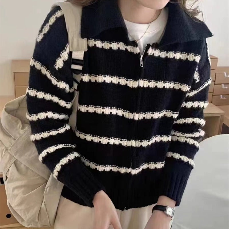Street-wave Striped Knit Sweater For Women Cozy Transitional Wear Soft Wool Blend