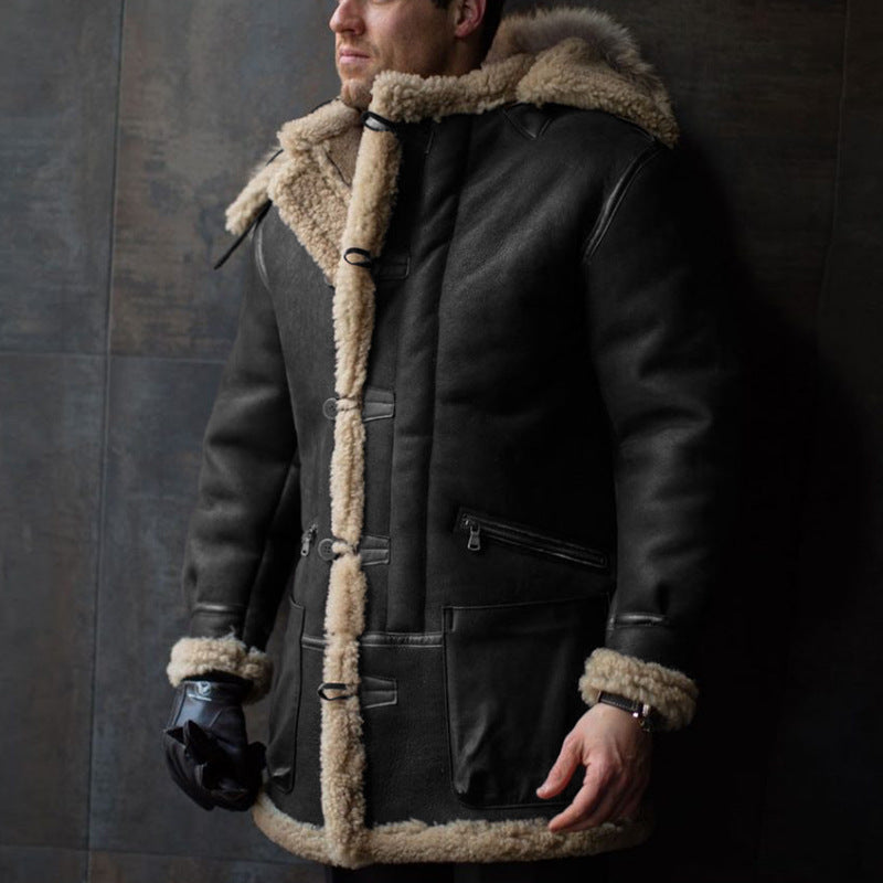 Street-wave Men's Lambskin Shearling Coat With Hood Premium Warmth And Practical Pockets