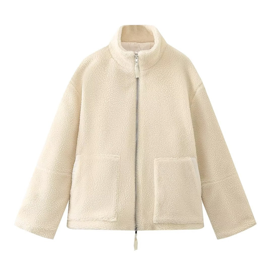 Street Wave Women Fluffy Fleece Jacket With High Collar And Practical Pockets For Cozy Winter Wear