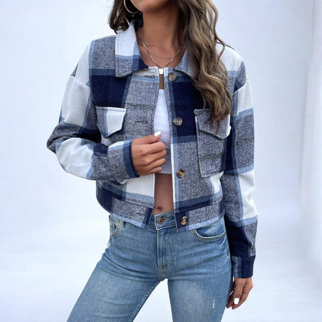 Street-wave Plaid Jacket For Women Cozy Durable Shacket With Button Front And Pocket Detail