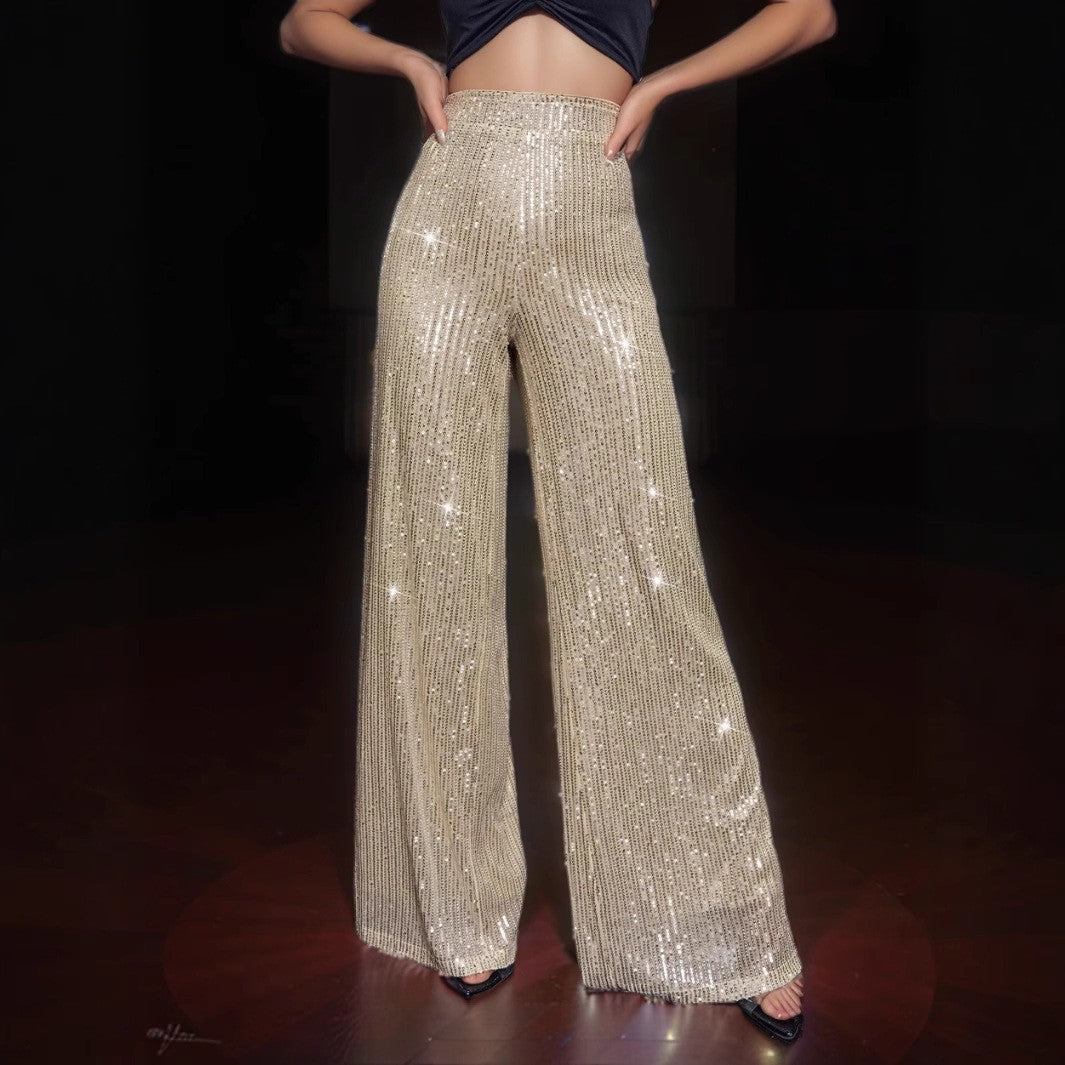 Street-Wave Shiny Wide Leg Pants For Women, Festive Sequin Trousers For Party Nights