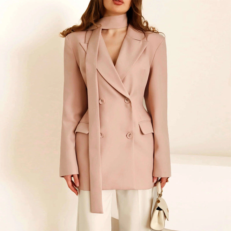 Street-Wave Women's Elegant Tailored Blazer With Scarf, Double-Breasted, Sleek Fit For Work Or Evening