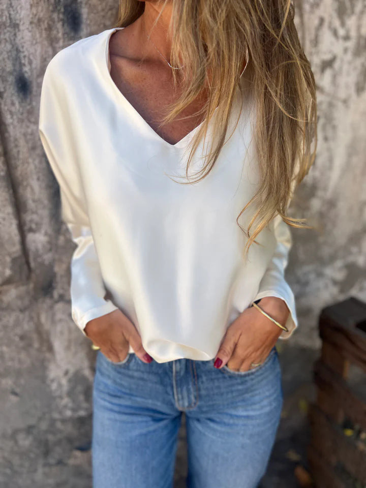 Street Wave Satin V Neck Top For Women Casual Chic With Subtle Shine For Everyday Work And Evening