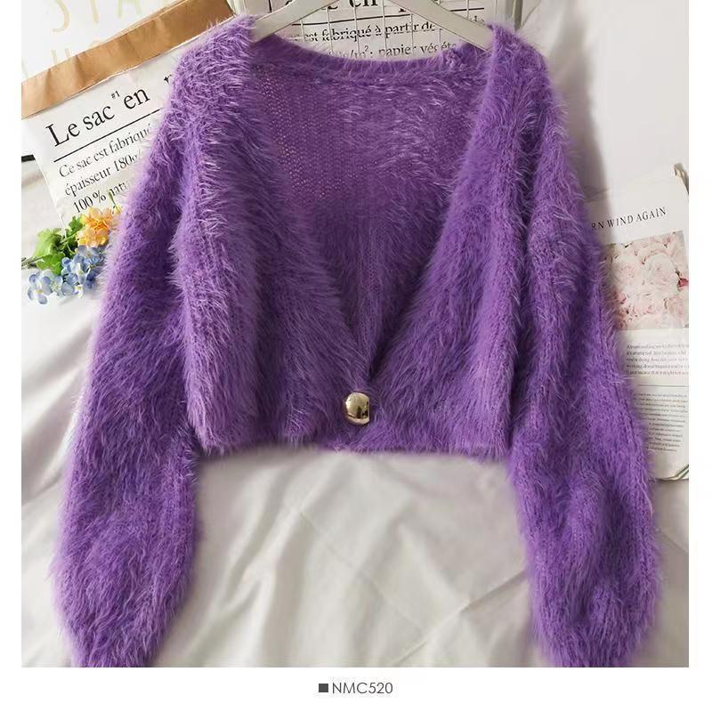 Street-wave Fluffy Short Knit Cardigan With V-Neck And Button Detail For Women Everyday