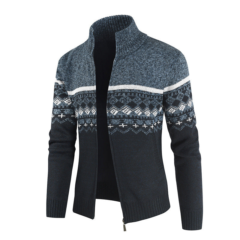 Street-Wave Men's Knit Cardigan With Geometric Pattern And High Collar Breathable Cotton