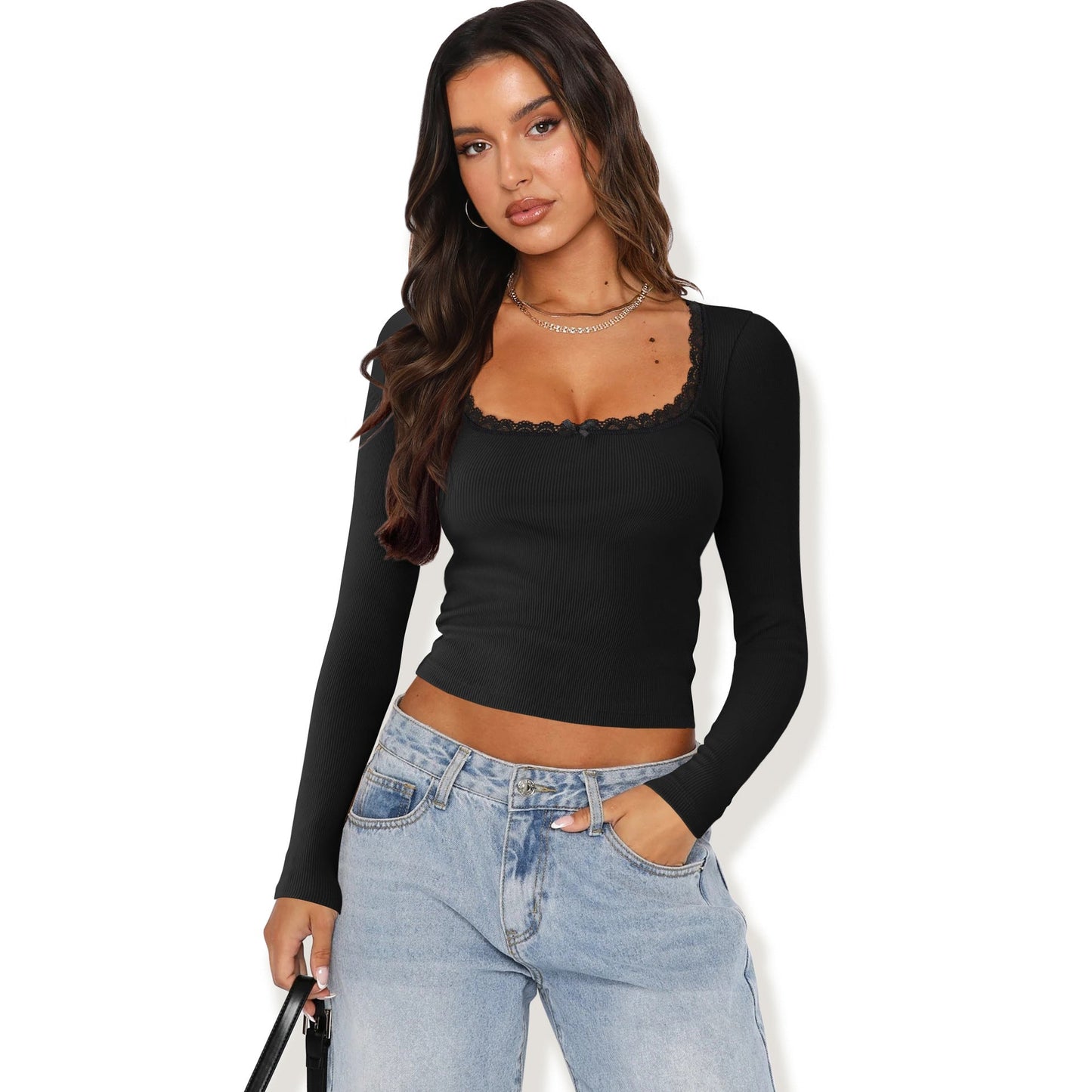 Street-Wave Women's Long Sleeve Top With Elegant Ruffle Neckline Fitted Silhouette