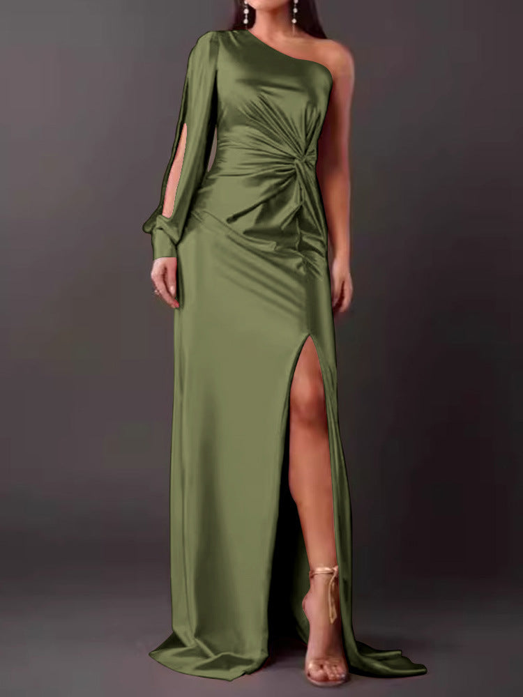 Street-wave Glamorous Navy Satin Evening Dress With Asymmetrical Neckline, Ruched Pleats, High Slit For Women