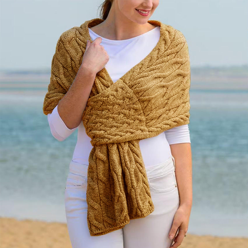 Street-wave Women's Cable Knit Wrap Stole With Textured Pattern For Elegant Cozy Winter Accessory